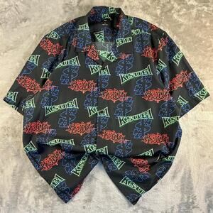 Ksubi Neon Logo Dollar Sign Button Up Shirt Mens XXL Black All Over Print Tencel